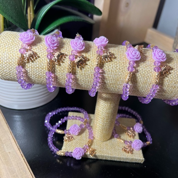 Handmade Jewelry - LOT of 10 New Purple Rose and Gold Elephant Stretch Bracelets FREE SHIPPING